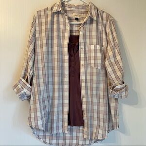 Oversized XS Plaid Button Shirt + Tank S Set Cream Plum Lightweight Layered Look